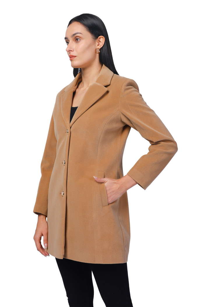 Women Semi Long Coat In Bonded Velvet Fabric - Lt. Camel